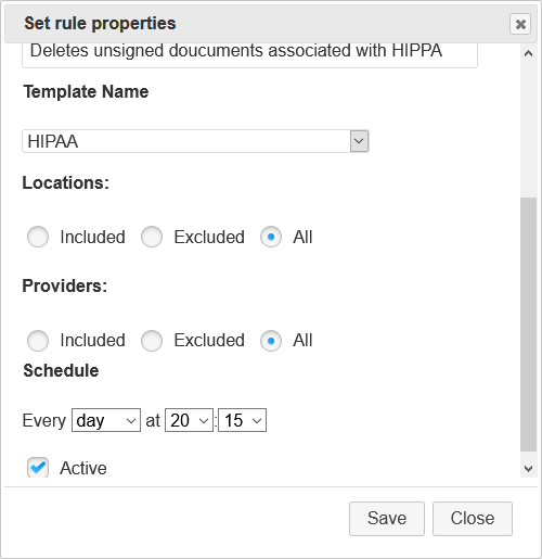 Screenshot of Scheduling Delete Template Rule